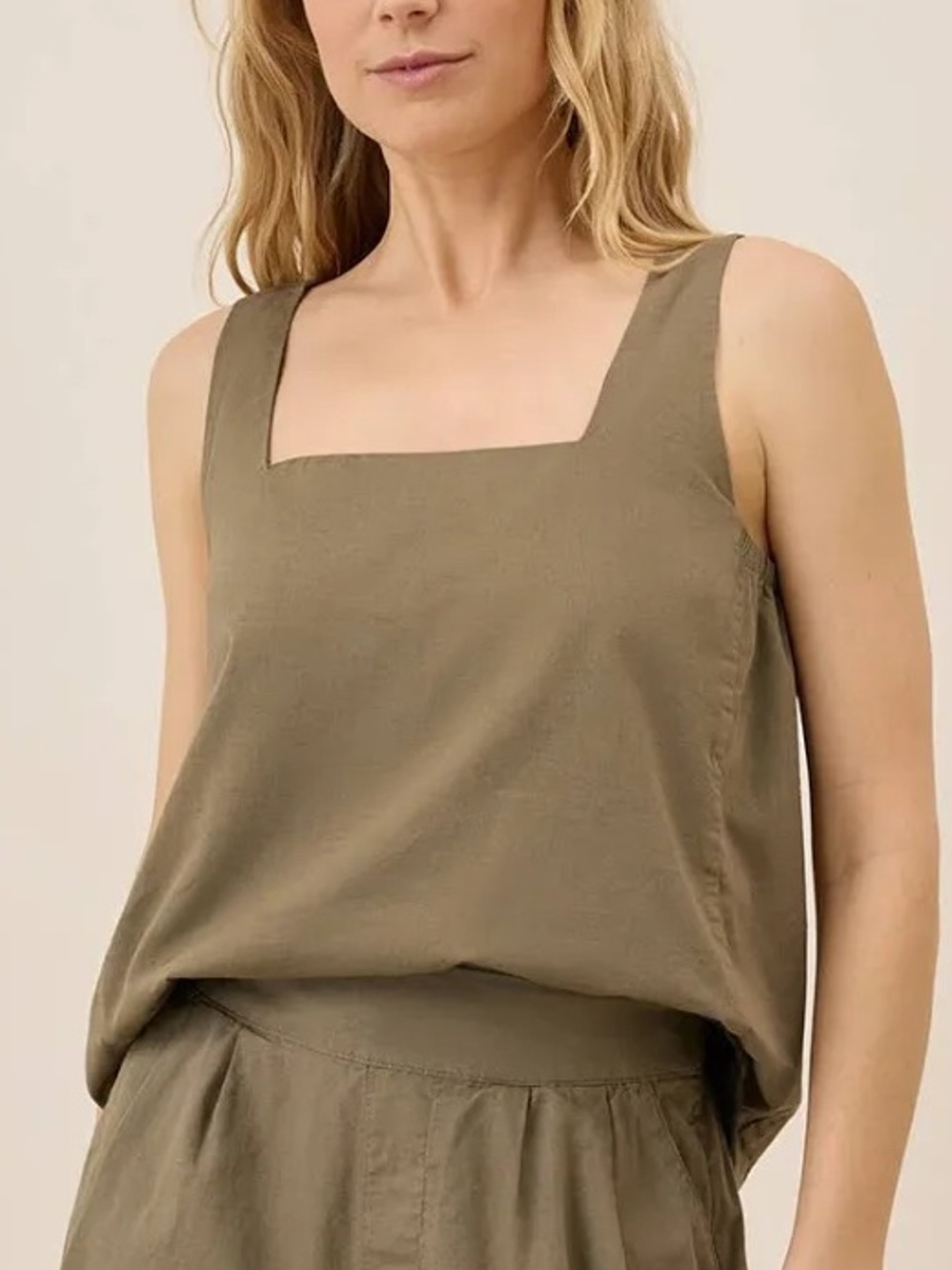 Pact Khaki Green Canopy Linen Blend Square Neck Tank Small